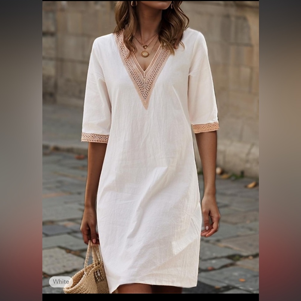 Women's Cotton Linen Shift Midi Dress V Neck Half Sleeve | Fits like Med…